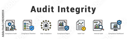 Audit Integrity Modern and clean web banner illustration featuring thematic icons for visual communication