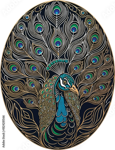 Elegant peacock with ornate feathers displayed in a decorative oval design art
