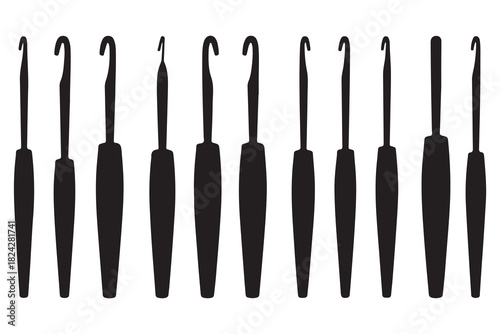  Row of crochet hooks in silhouette style on a white background