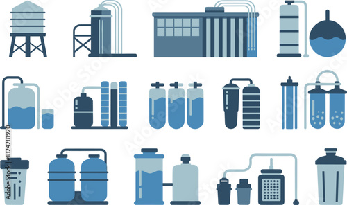 Icons representing water purification and filtration systems treatment