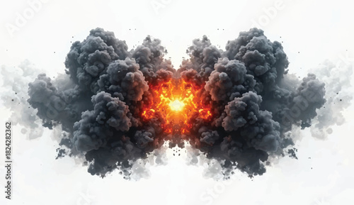 Dramatic symmetrical explosion with dark billowing smoke and bright fiery core on a white background, creating a powerful abstract blast effect ideal for energy, impact, and cinematic visuals.