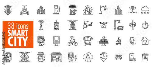 A comprehensive collection of line icons representing smart city infrastructure, urban technology, sustainable energy solutions, and interconnected metropolitan services for modern digital