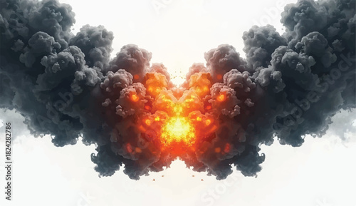 Dramatic symmetrical explosion with dark billowing smoke and bright fiery core on a white background, creating a powerful abstract blast effect ideal for energy, impact, and cinematic visuals.
