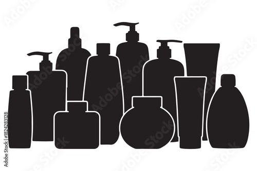  Collection of various cosmetic and personal care product bottles and containers silhouette