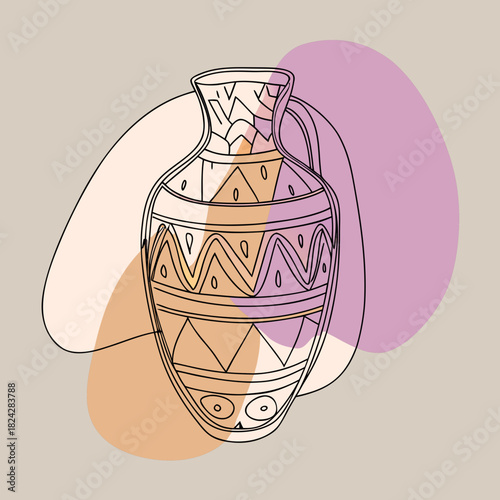 Abstract line art of a decorated ancient vase with soft color blobs