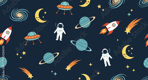 Whimsical and fun seamless children's pattern with cartoon astronauts, rockets, planets, and UFOs on a dark navy blue background.