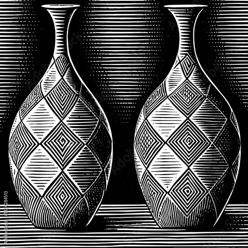 Two ornate vases with geometric patterns in black and white