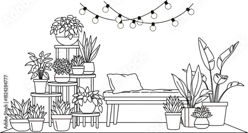 Indoor garden with potted plants and string lights creating a cozy atmosphere