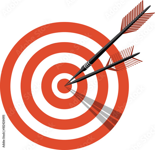 Two Arrows Hitting Bullseye on Red and White Target archery dart