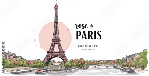 Paris cityscape vector illustration featuring Eiffel Tower and River Seine with boats in artistic hand drawn sketch style on white.
