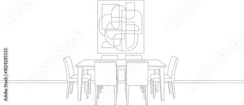 Minimalist dining room interior with modern art and furniture in black and white