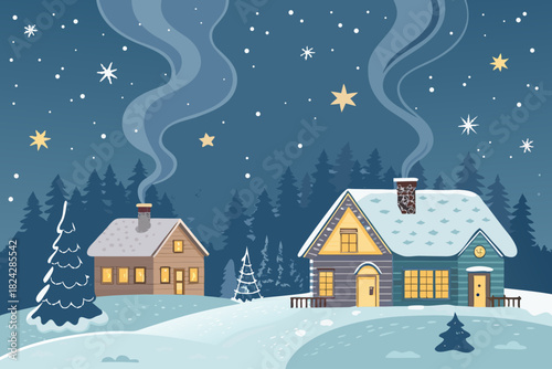 Winter Village With Cozy Houses Smoke Chim High-Quality Stock Image Suitable for Design