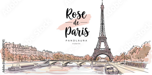 Panoramic Paris cityscape vector illustration featuring Eiffel Tower, Seine river bridge, and boats in romantic hand drawn sketch style.