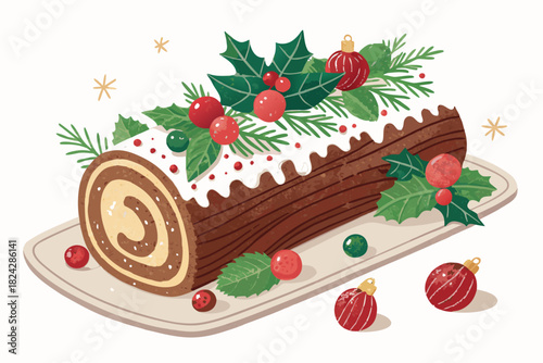 Showcasing Yule Log Cake With Ornaments Bold Traditi Elegant Creative Visual