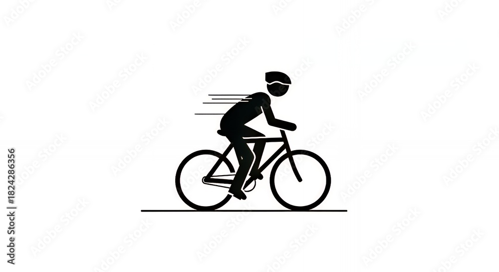 Fototapeta premium Minimalist Black Silhouette of Man Riding Bicycle in Motion on White Background