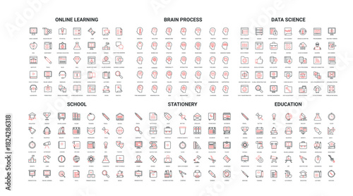 Comprehensive collection of modern line icons representing online learning, brain process, data science, school, stationery, and education themes isolated on white background vector illustration