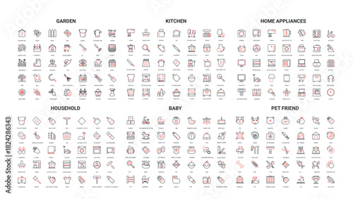 Comprehensive set of modern line icons for garden, kitchen, home appliances, household, baby, and pet friend themes perfect for web, app, and print design isolated vector illustration