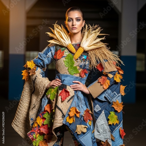 Sustainable Fashion Showcase with Model in Recycled Material Outfit