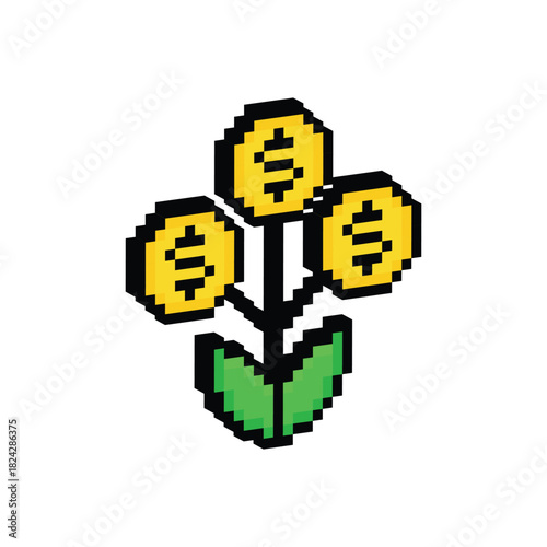 isometric pixel art 8 bit coin plant money vector icon logo computer game