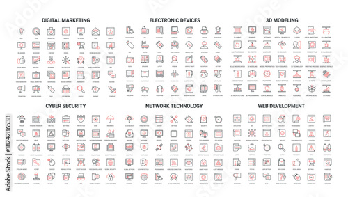 Comprehensive set of modern line icons covering digital marketing, electronic devices, 3D modeling, cyber security, network technology, and web development isolated vector illustration