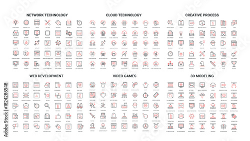 Comprehensive set of modern line icons covering network technology, cloud computing, creative process, web development, video games, and 3D modeling isolated on white background vector illustration