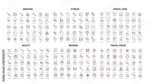 Comprehensive set of modern line icons for medicine, fitness, dental care, beauty, wedding, and travel cruise themes perfect for web, app, and print design isolated vector illustration