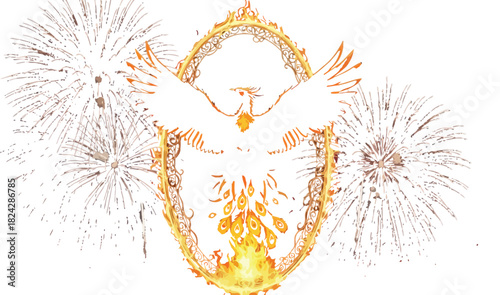 Fiery phoenix rising with fireworks in the night sky celebration background