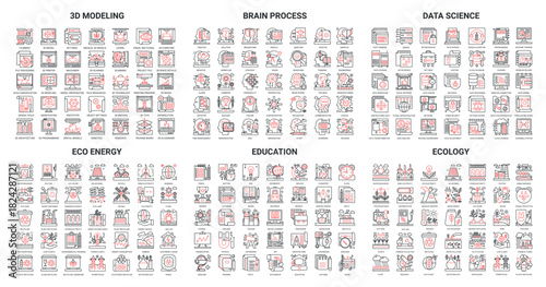 Data science education technology, eco energy, 3d modeling icon vector illustration set. Red black thin line website collection of future scientific innovation in ecology protection, tech equipment