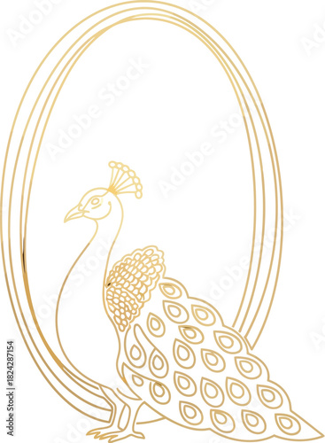 Elegant golden peacock illustration on a dark blue background for sophisticated design