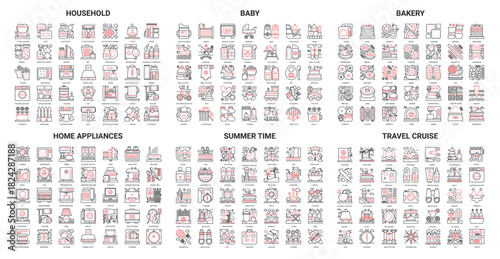 Home appliances, household tools, summer vacation, bakery thin red black line icon vector illustration set. Website outline travel cruise, baby care pictogram app symbols collection editable stroke