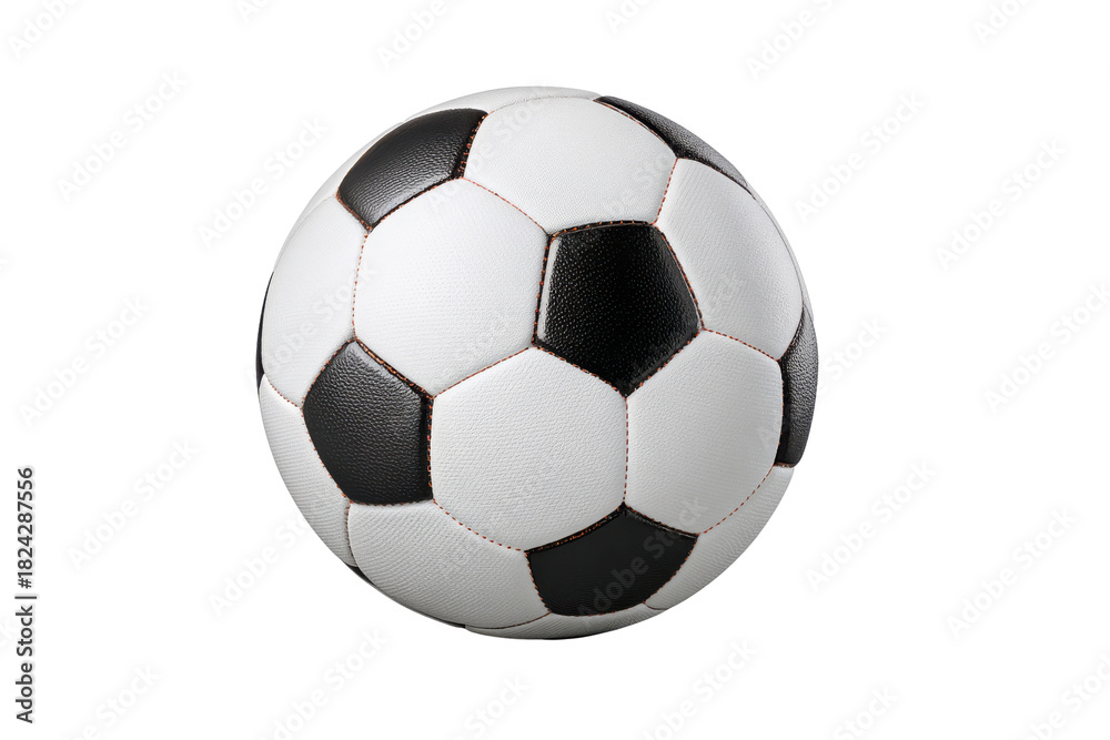 Obraz premium Classic black and white soccer ball with red stitching on black background football sport, Isolated On Transparent Background, Png