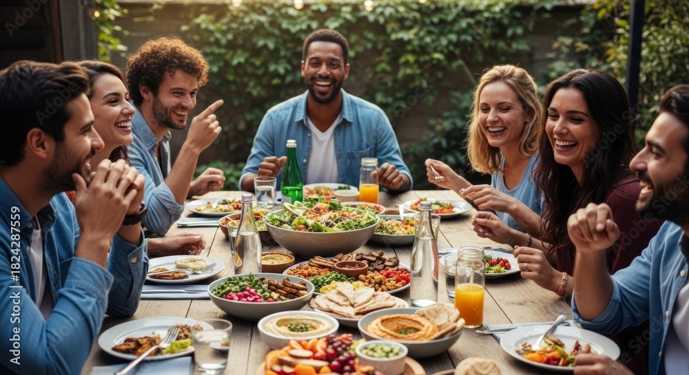 Obraz premium Joyful Outdoor Gathering with Plant-Based Meals Shared at Table