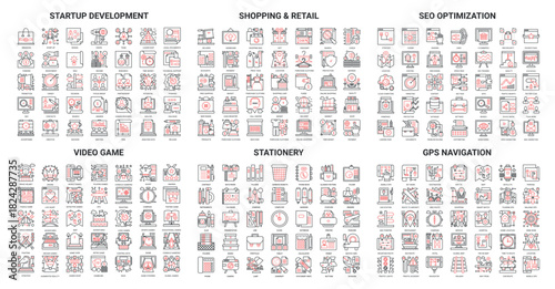Business startup development, office supplies, seo optimization thin red black line icon vector illustration set. Video game entertainment symbols collection, retail shopping, gps navigation service