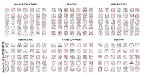 Sea food menu, sport fitness equipment, wedding ceremony, dental care medicine thin red black line icon vector illustration set. Outline mind brain process, brainstorm human productivity collection