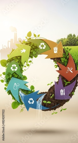 Circular Economy Concept with Interconnected Arrows and Natural Elements