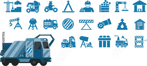 Blue construction vehicle illustration with set of industrial building icons including crane worker and heavy machinery vector isolated on white.