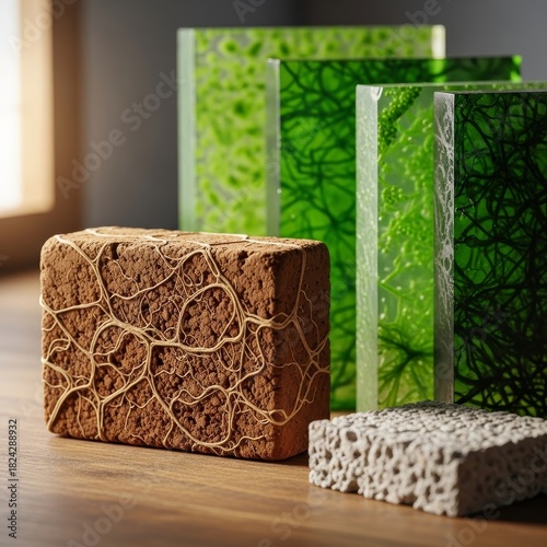 Close-Up of Sustainable Building Materials like Mycelium and Algae Panels