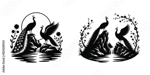 Elegant peacock couple silhouette with floral landscape and decorative nature scene
