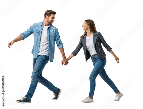A man and a woman walking together on a white background.