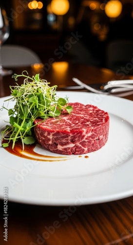 Colorful Fine Dining Dish of Lab Grown Meat Garnished with Microgreens