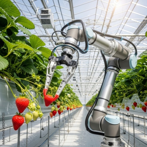 Robotic Arm Harvesting Ripe Strawberries in Greenhouse Setting