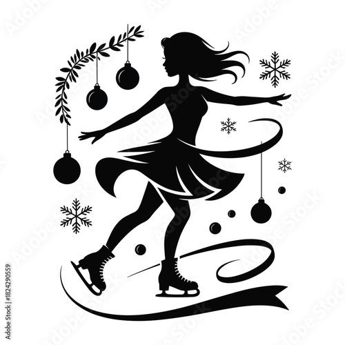 Christmas ice skater woman silhouette with ornaments, snowflakes and ribbon design