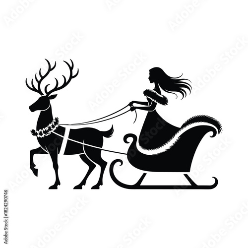Christmas woman riding sleigh with reindeer silhouette in elegant festive design
