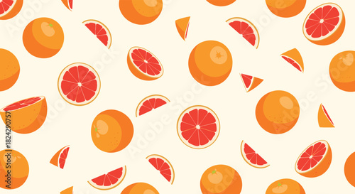 A refreshing and healthy seamless pattern of whole and sliced red grapefruits scattered on a light cream-colored background.