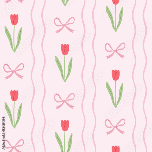 Spring cottage pattern with ribbons, bows and tulips