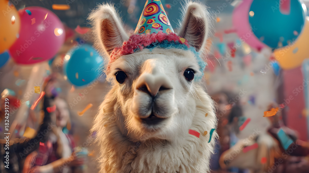 Obraz premium Llama wearing party hat celebrating birthday with confetti