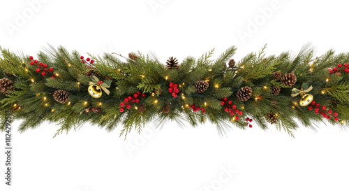 A festive Christmas garland with pine cones, berries, and lights.