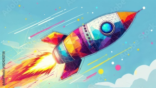Fototapeta Naklejka Na Ścianę i Meble -  Colorful rocket ship illustration, abstract polygon design, vibrant colors, dynamic flight