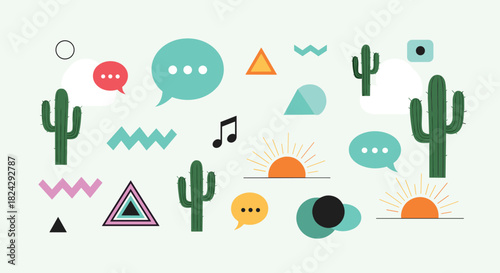 A playful and trendy collection of Memphis-style design elements, including abstract shapes, cacti, and speech bubbles for modern design.