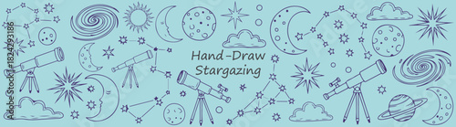 Hand drawn stargazing elements including telescopes, constellations, planets and celestial bodies on blue
